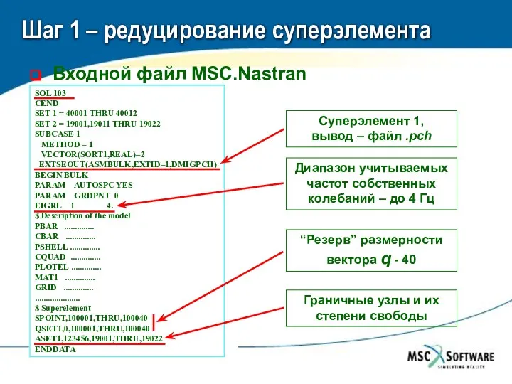 Шаг 1 – редуцирование суперэлемента Входной файл MSC.Nastran