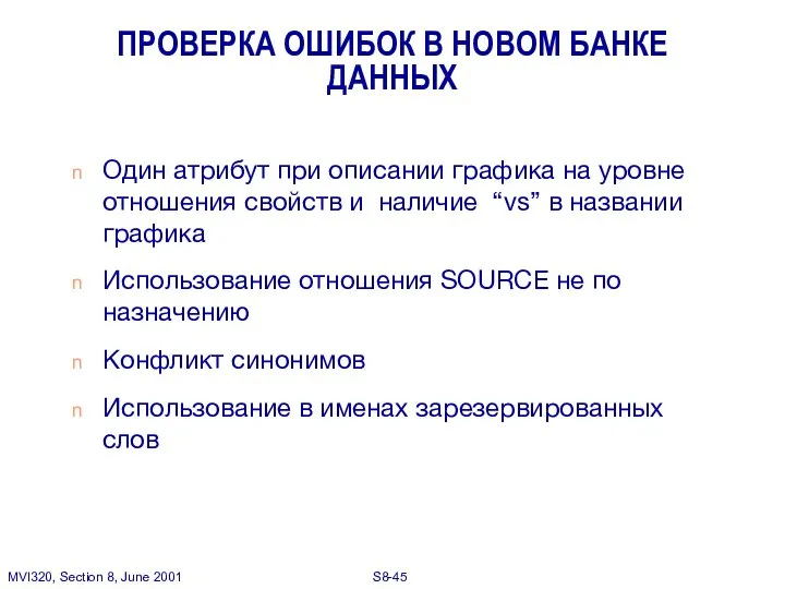 ПРОВЕРКА ОШИБОК В НОВОМ БАНКЕ ДАННЫХ Один атрибут при описании графика