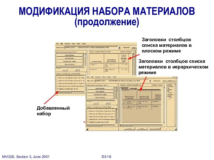 МОДИФИКАЦИЯ НАБОРА МАТЕРИАЛОВ (продолжение) Заголовки столбцов списка материалов в плоском режиме