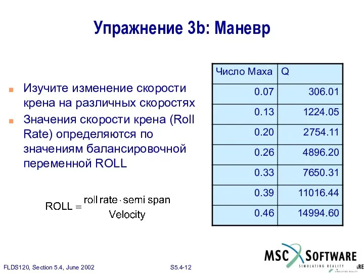 Упражнение 3b: Маневр Изучите изменение скорости крена на различных скоростях Значения