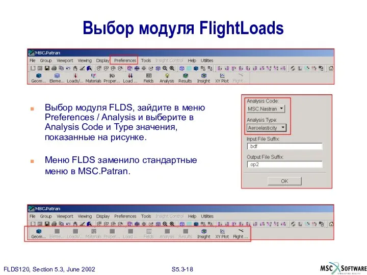 Выбор модуля FlightLoads Выбор модуля FLDS, зайдите в меню Preferences /