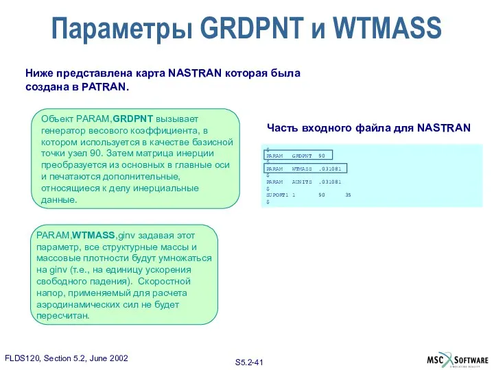 $ PARAM GRDPNT 90 $ PARAM WTMASS .031081 $ PARAM AUNITS