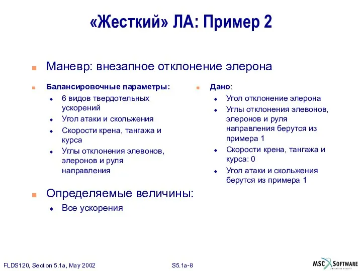 «Жесткий» ЛА: Пример 2 Маневр: внезапное отклонение элерона Балансировочные параметры: 6