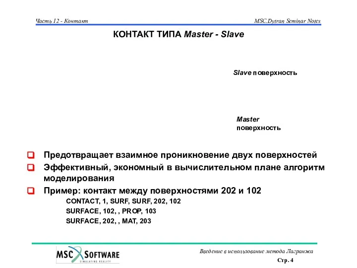 КОНТАКТ ТИПА Master - Slave Предотвращает взаимное проникновение двух поверхностей Эффективный,