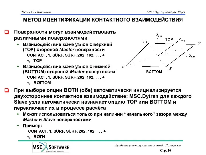 МЕТОД ИДЕНТИФИКАЦИИ КОНТАКТНОГО ВЗАИМОДЕЙСТВИЯ Поверхности могут взаимодействовать различными поверхностями Взаимодействие slave