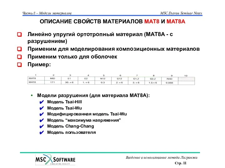ОПИСАНИЕ СВОЙСТВ МАТЕРИАЛОВ MAT8 И MAT8A Линейно упругий ортотропный материал (MAT8A