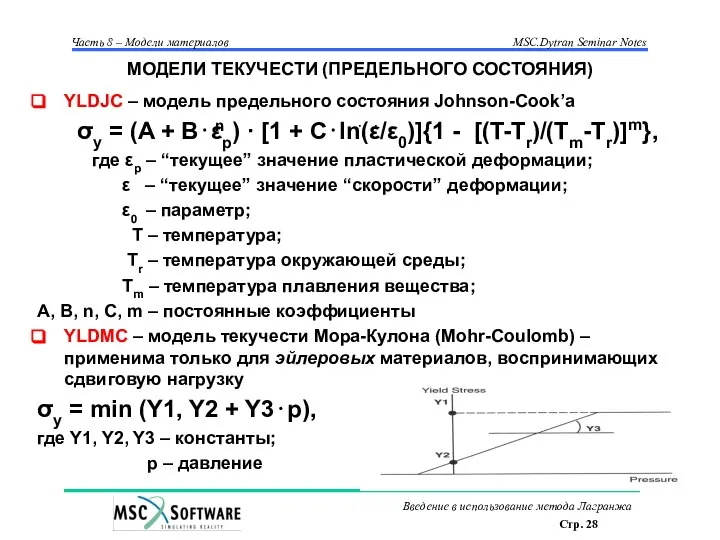 МОДЕЛИ ТЕКУЧЕСТИ (ПРЕДЕЛЬНОГО СОСТОЯНИЯ) YLDJC – модель предельного состояния Johnson-Cook’а σy