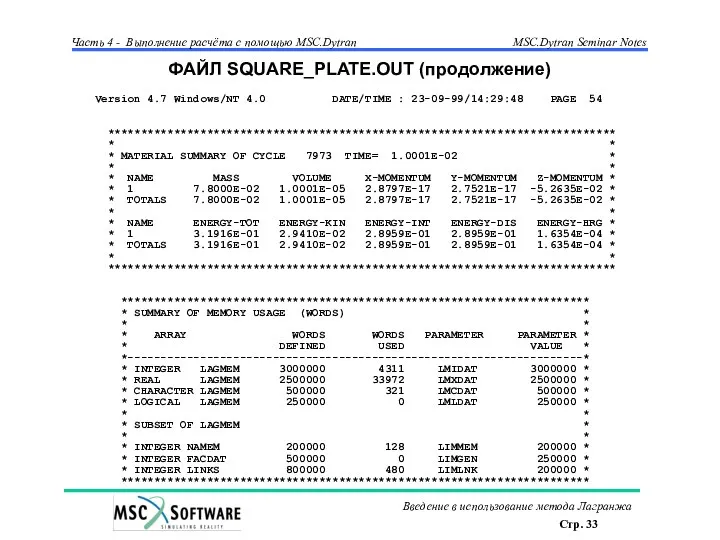 ФАЙЛ SQUARE_PLATE.OUT (продолжение) Version 4.7 Windows/NT 4.0 DATE/TIME : 23-09-99/14:29:48 PAGE