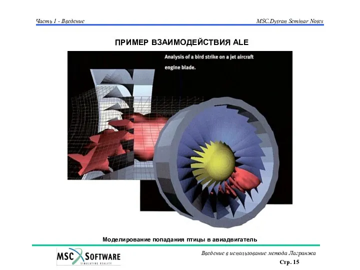 ПРИМЕР ВЗАИМОДЕЙСТВИЯ ALE Моделирование попадания птицы в авиадвигатель