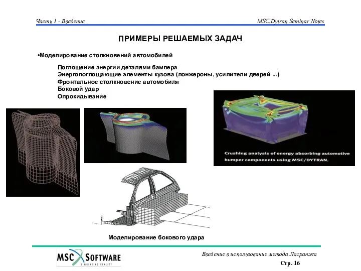ПРИМЕРЫ РЕШАЕМЫХ ЗАДАЧ Моделирование столкновений автомобилей Поглощение энергии деталями бампера Энергопоглощающие