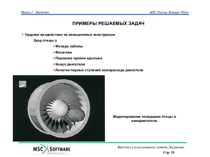 ПРИМЕРЫ РЕШАЕМЫХ ЗАДАЧ Ударное воздействие на авиационные конструкции Удар птицы о