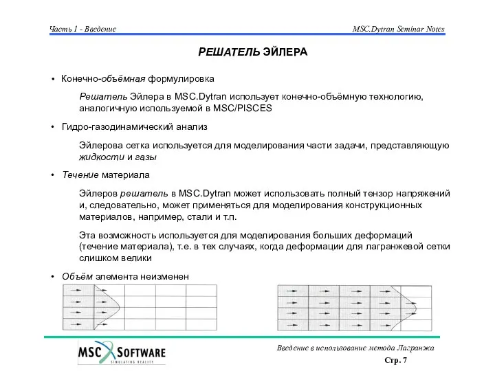 РЕШАТЕЛЬ ЭЙЛЕРА Конечно-объёмная формулировка Решатель Эйлера в MSC.Dytran использует конечно-объёмную технологию,