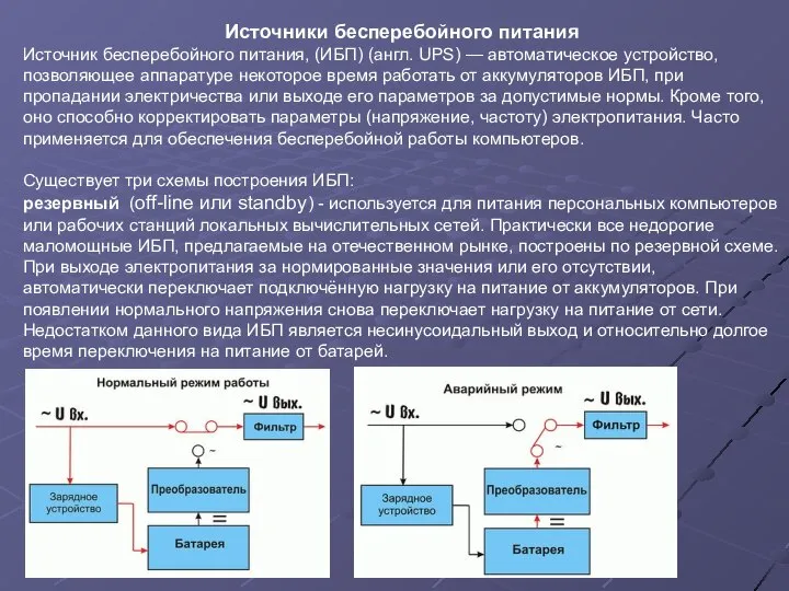 Источники бесперебойного питания Источник бесперебойного питания, (ИБП) (англ. UPS) — автоматическое