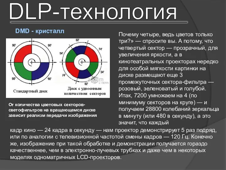 DLP-технология DMD - кристалл От количества цветовых секторов-светофильтров на вращающемся диске