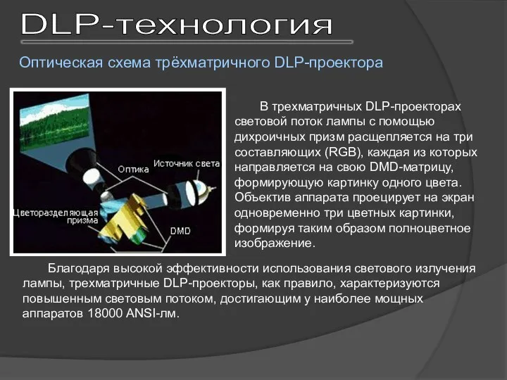 В трехматричных DLP-проекторах световой поток лампы с помощью дихроичных призм расщепляется