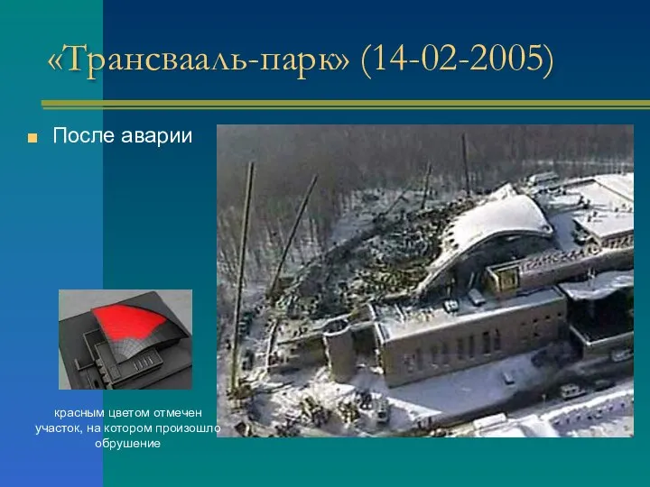 «Трансвааль-парк» (14-02-2005) После аварии красным цветом отмечен участок, на котором произошло обрушение