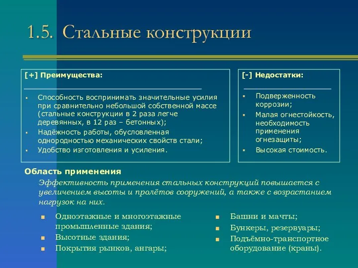 1.5. Стальные конструкции [+] Преимущества: Способность воспринимать значительные усилия при сравнительно