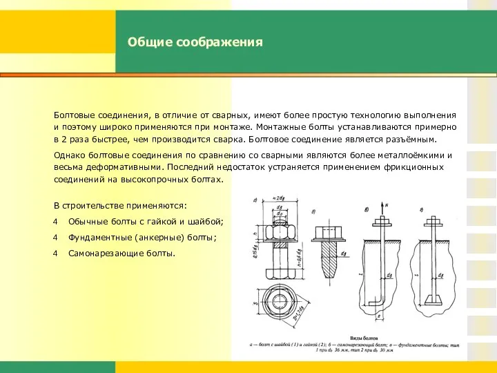 Общие соображения В строительстве применяются: Обычные болты с гайкой и шайбой;