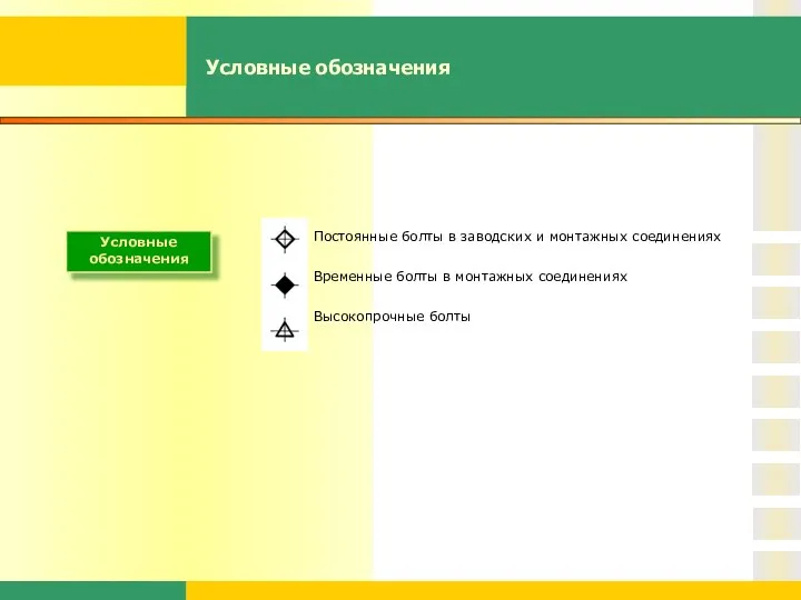 Условные обозначения Постоянные болты в заводских и монтажных соединениях Временные болты