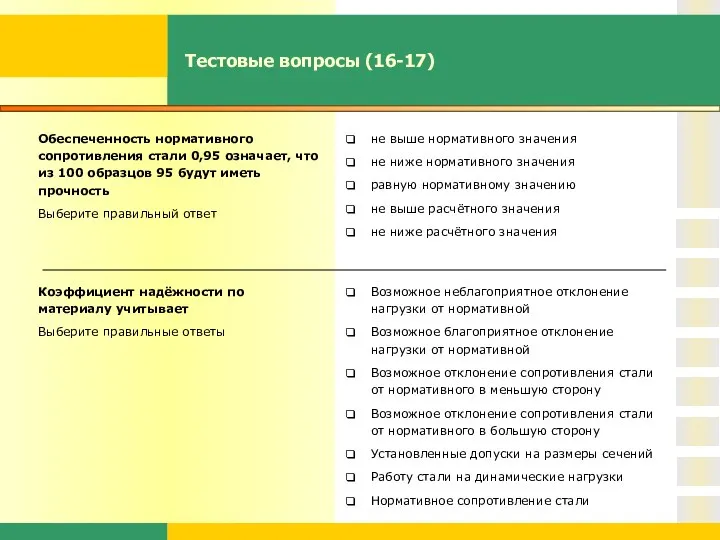 Тестовые вопросы (16-17) Обеспеченность нормативного сопротивления стали 0,95 означает, что из