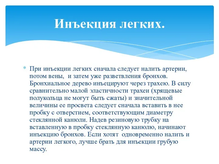 При инъекции легких сначала следует налить артерии, потом вены, и затем