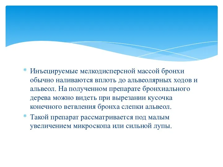 Инъецируемые мелкодисперсной массой бронхи обычно наливаются вплоть до альвеолярных ходов и