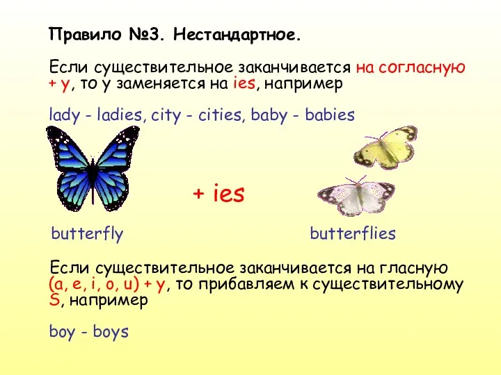 Правило №3. Нестандартное. Если существительное заканчивается на согласную + y, то