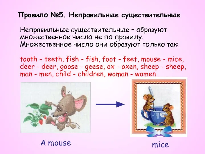 Правило №5. Неправильные существительные Неправильные существительные – образуют множественное число не