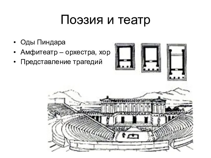 Поэзия и театр Оды Пиндара Амфитеатр – орхестра, хор Представление трагедий