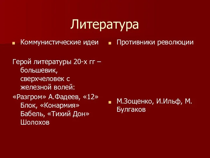 Литература Коммунистические идеи Герой литературы 20-х гг – большевик, сверхчеловек с