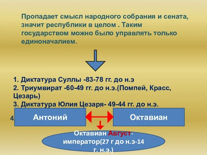 Пропадает смысл народного собрания и сената, значит республики в целом .