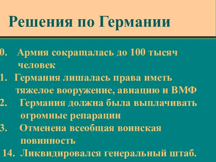 Армия сокращалась до 100 тысяч человек Германия лишалась права иметь тяжелое