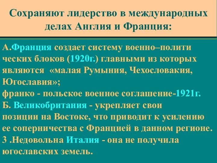 А.Франция создает систему военно–полити ческих блоков (1920г.) главными из которых являются