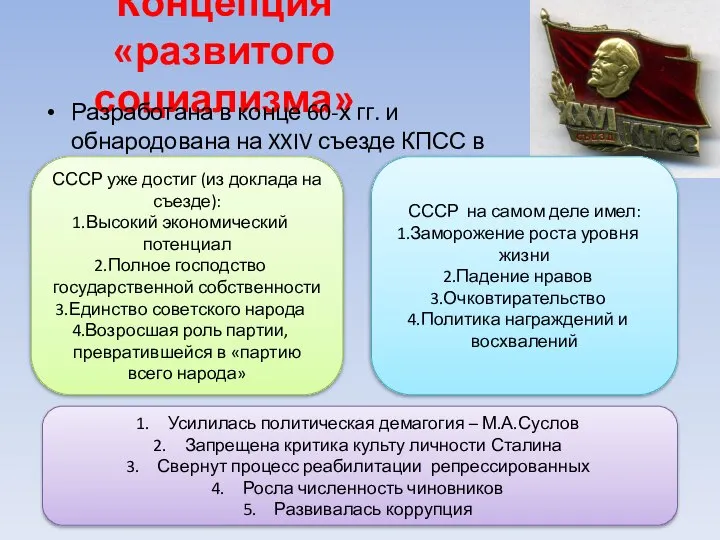 Концепция «развитого социализма» Разработана в конце 60-х гг. и обнародована на