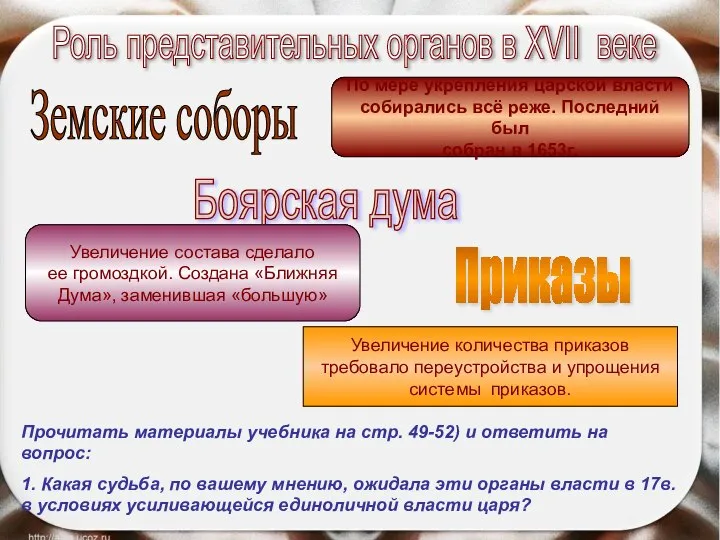 Роль представительных органов в XVII веке Земские соборы Боярская дума Приказы