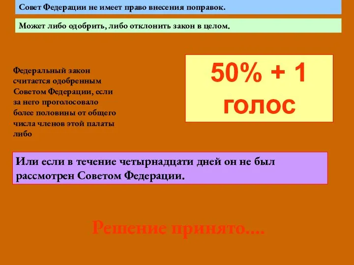 Федеральный закон считается одобренным Советом Федерации, если за него проголосовало более