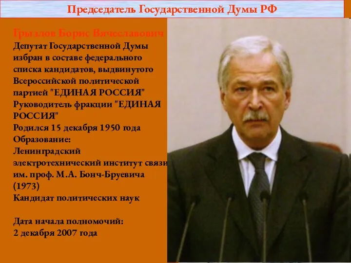 Грызлов Борис Вячеславович Депутат Государственной Думы избран в составе федерального списка