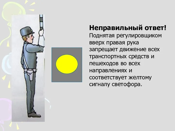 Неправильный ответ! Поднятая регулировщиком вверх правая рука запрещает движение всех транспортных