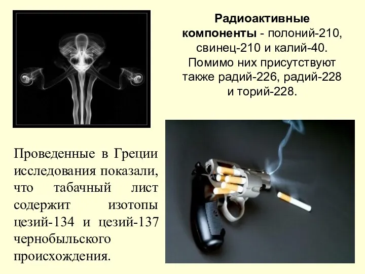 Радиоактивные компоненты - полоний-210, свинец-210 и калий-40. Помимо них присутствуют также