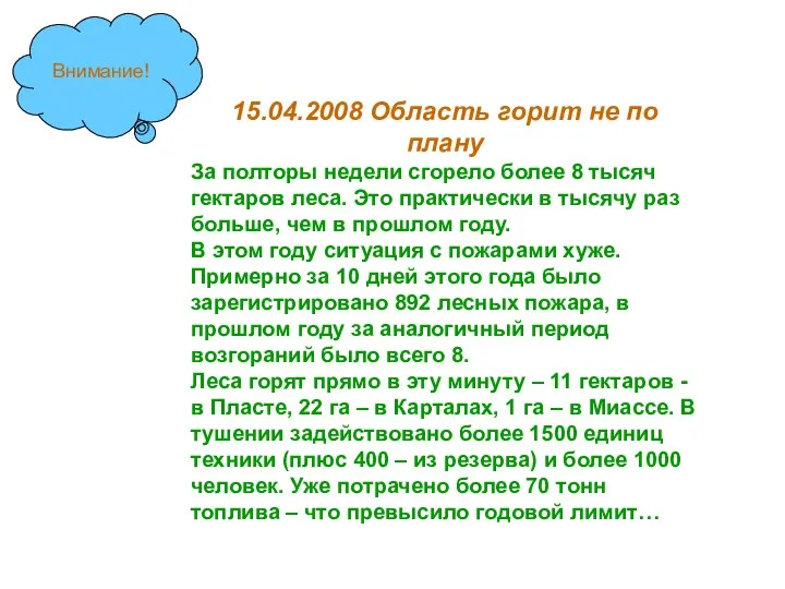 15.04.2008 Область горит не по плану За полторы недели сгорело более