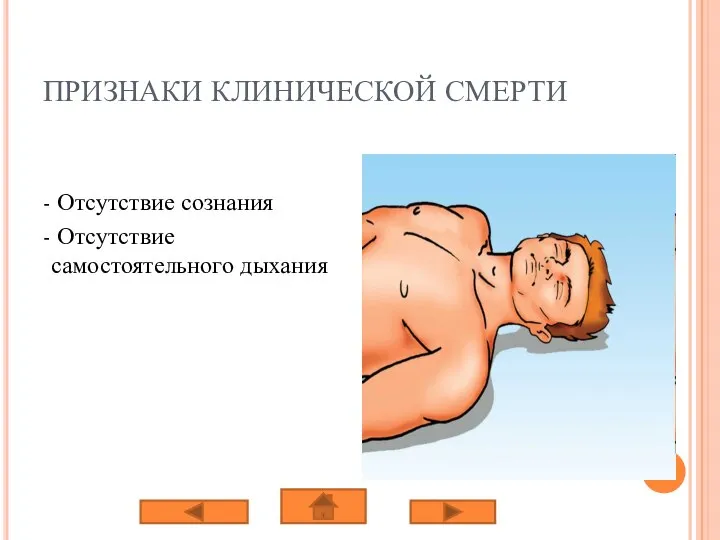 ПРИЗНАКИ КЛИНИЧЕСКОЙ СМЕРТИ - Отсутствие сознания - Отсутствие самостоятельного дыхания