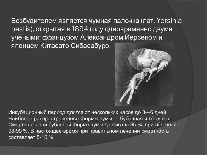 Возбудителем является чумная палочка (лат. Yersinia pestis), открытая в 1894 году