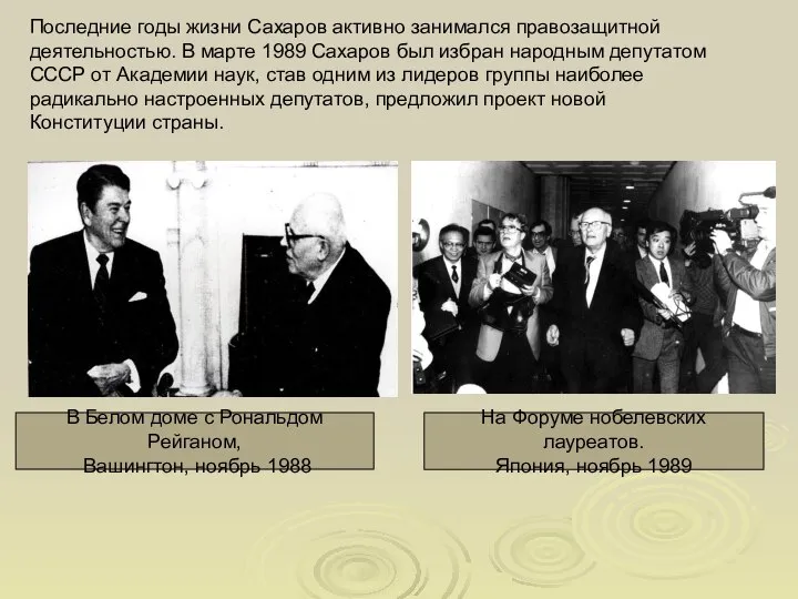 Последние годы жизни Сахаров активно занимался правозащитной деятельностью. В марте 1989