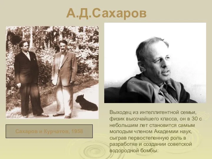 А.Д.Сахаров Выходец из интеллигентной семьи, физик высочайшего класса, он в 30