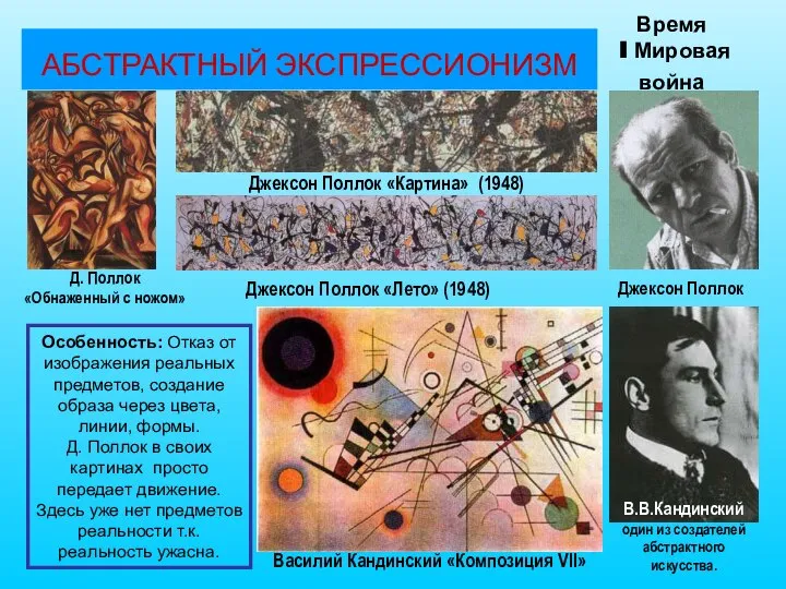 Особенность: Отказ от изображения реальных предметов, создание образа через цвета, линии,