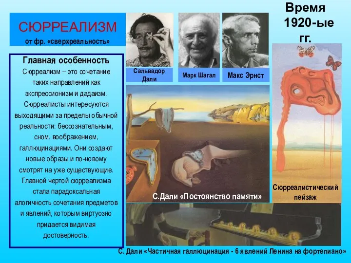 СЮРРЕАЛИЗМ от фр. «сверхреальность» Главная особенность Сюрреализм – это сочетание таких