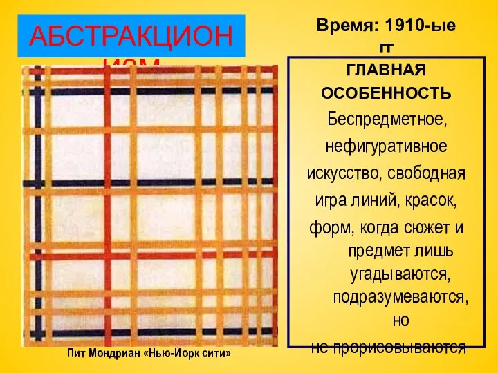 АБСТРАКЦИОНИЗМ ГЛАВНАЯ ОСОБЕННОСТЬ Беспредметное, нефигуративное искусство, свободная игра линий, красок, форм,