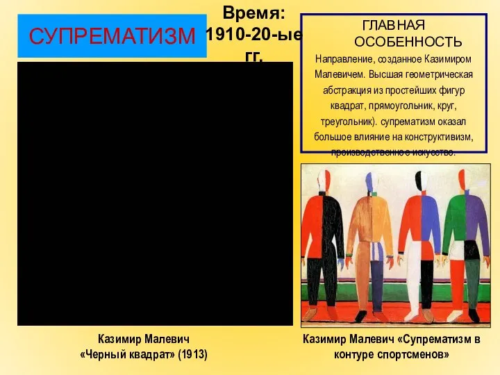 СУПРЕМАТИЗМ ГЛАВНАЯ ОСОБЕННОСТЬ Направление, созданное Казимиром Малевичем. Высшая геометрическая абстракция из