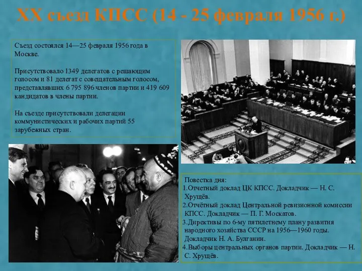 XX съезд КПСС (14 - 25 февраля 1956 г.) Съезд состоялся