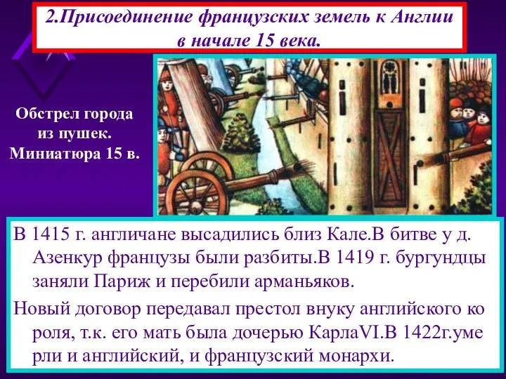 2.Присоединение французских земель к Англии в начале 15 века. В 1415